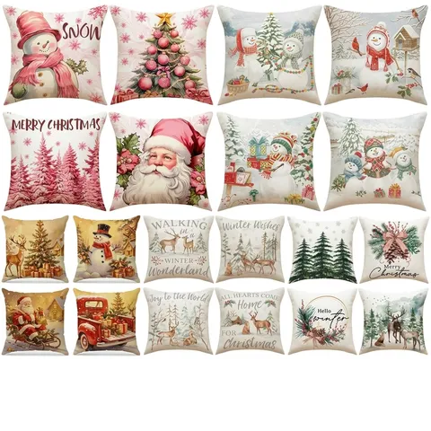 Pink Christmas Pillow Covers Linen Santa Reindeer Snowman Print Decorative Cushion Covers Sofa Holiday Home Decor