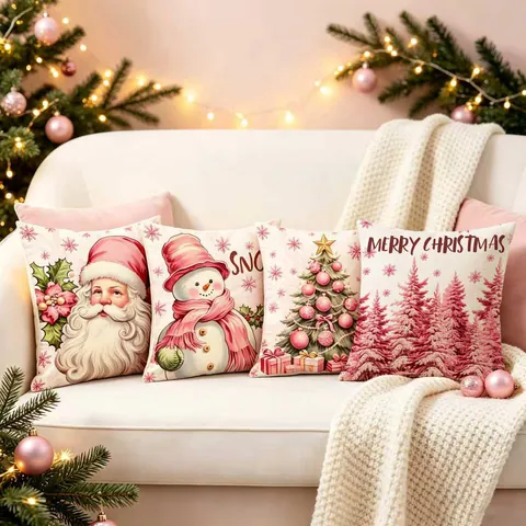 Pink Christmas Pillow Covers Linen Santa Reindeer Snowman Print Decorative Cushion Covers Sofa Holiday Home Decor
