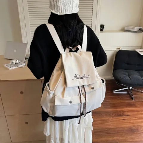 Women Large Capacity Casual Backpack Solid Color Canvas Nylon Travel Bag With Letter Embroidery Drawstring Multi Pocket Backpack
