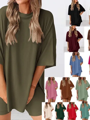 Women Casual Summer Pajama Top And Bottom Solid Color Oversized Round Neck Short Sleeve Loungewear Loose Fit Biker Shorts