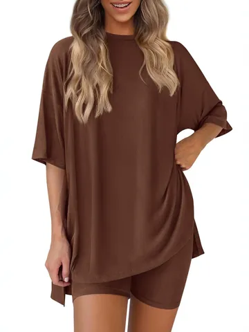 Women Casual Summer Pajama Top And Bottom Solid Color Oversized Round Neck Short Sleeve Loungewear Loose Fit Biker Shorts