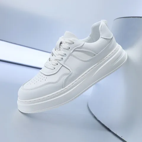 Men's Trendy Cowhide White Shoes Thick Sole Breathable Color Block Board Shoes Lightweight Casual Fashion Sneakers For Men