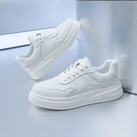Men's Trendy Cowhide White Shoes Thick Sole Breathable Color Block Board Shoes Lightweight Casual Fashion Sneakers For Men