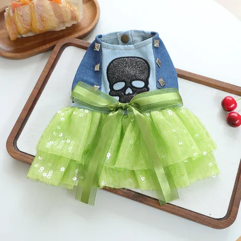 Pet Halloween Denim Mesh Dog Dress Neon Green Skull Pattern Punk Style Dog Clothes For Small Dogs Puppy Holiday Party Outfit
