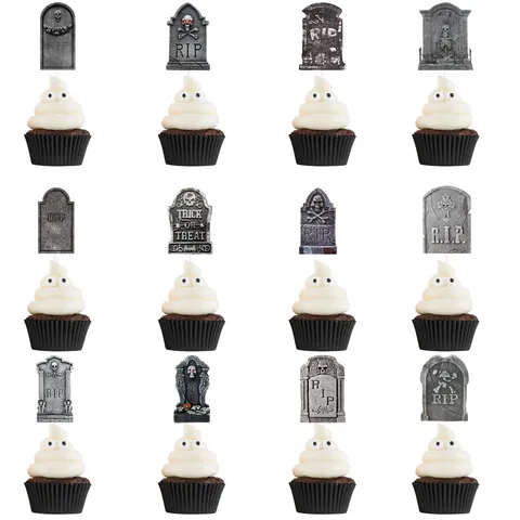 Halloween Tombstone Cupcake Toppers Paper Horror RIP Pattern Cake Picks For Party Baking Decoration Supplies
