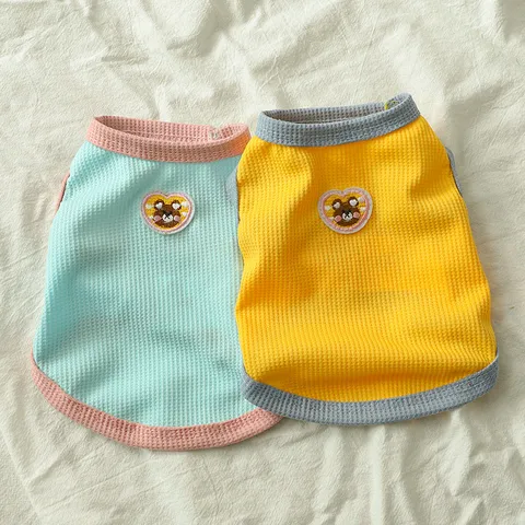 Cute Bear Embroidery Pet Vest Summer Breathable Waffle Mesh Clothes For Cats And Small Dogs Soft Daily Wear Apparel