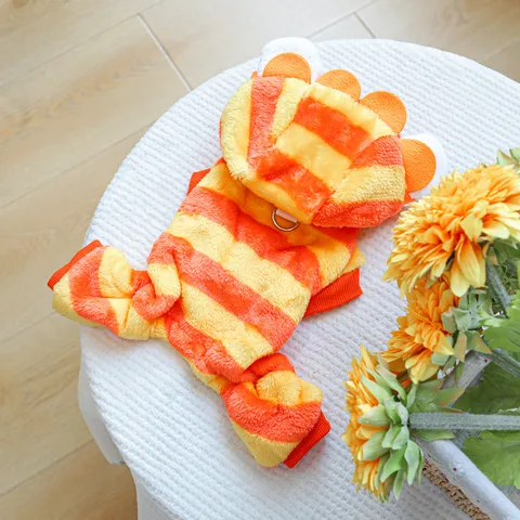 Petcircle Lustiges Hundekostüm Orange Löwe Tiger Gestreift Plüsch Haustier Kleidung Warm Kapuzen-Jumpsuit Für Kleine Hunde Welpen Katzen Winterbekleidung