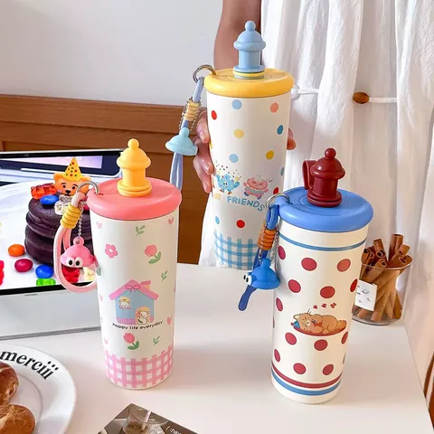 Taza Térmica de Acero Inoxidable de Dibujos Animados de Gran Capacidad Portátil al Vacío Con Pajita e Infusor de Té Para Mujeres