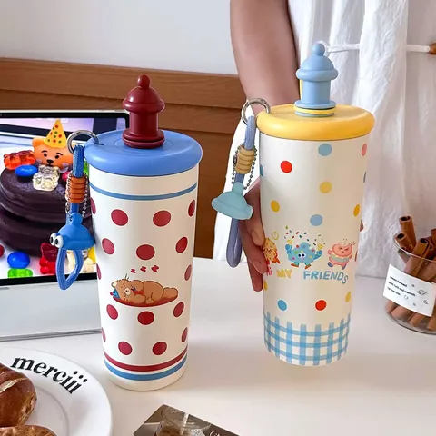 Taza Térmica de Acero Inoxidable de Dibujos Animados de Gran Capacidad Portátil al Vacío Con Pajita e Infusor de Té Para Mujeres