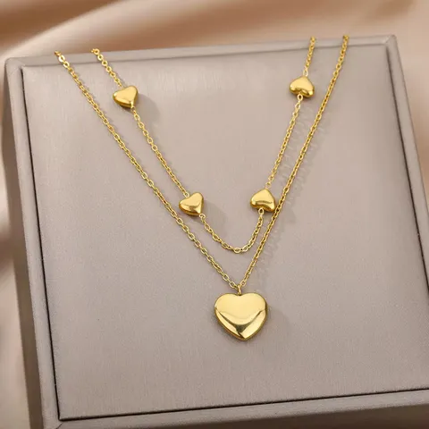 Stainless Steel Multi Layered Heart Moon Cross Pendant Necklace For Women Gold Plated Light Luxury Rhinestone Choker Neck Jewelry Accessory