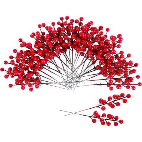 Artificial Pine Needle Branches Christmas Red Berry Stems Fake Floral Home Wedding Party Festive Decorative Supplies