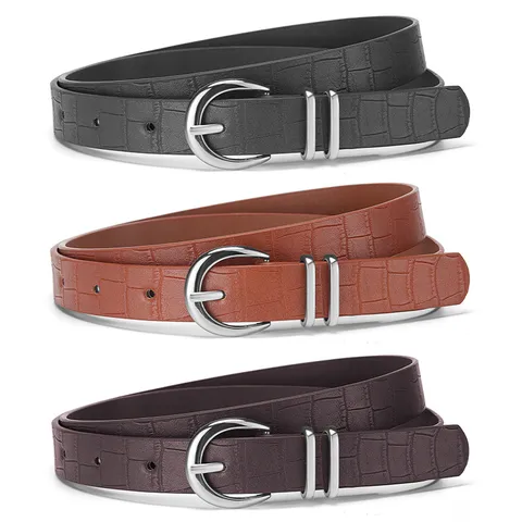 Women Fashion PU Leather Crocodile Pattern Belt Elegant Minimalist Alloy Metal Pin Buckle Casual Waist Belt