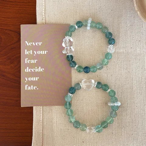 Sweet Fresh Green Fluorite Beaded Bracelet With Clear Crystal Bear Heart Pendant Natural Stone Strand Bracelet For Women Friend Gift Jewelry