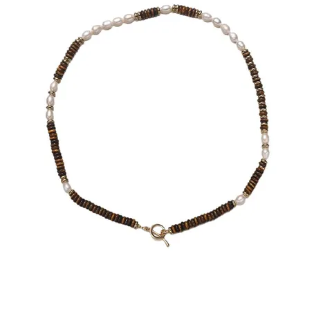 Collana in Rame Placcato Oro 18K Vintage Elegante Perle Artificiali Pietra Occhio di Tigre Catenina per Maglione Gioielli di Moda a Strati per Donna