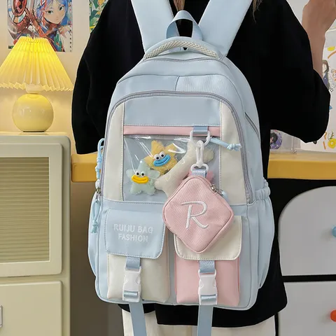 Large Capacity Casual School Backpack For Girls Student Bookbag With Transparent Window And Cute Pendants