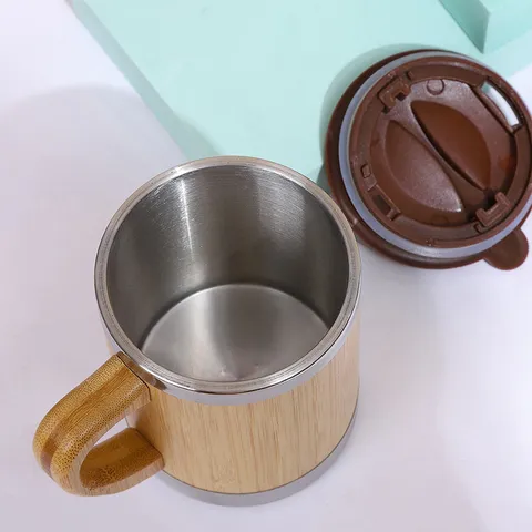 Stainless Steel Vacuum Insulated Thermos Mug Bamboo Shell Coffee Cup With Handle Portable Travel Water Bottle