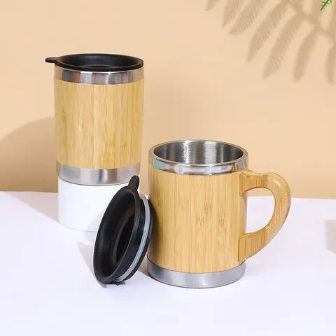 Stainless Steel Vacuum Insulated Thermos Mug Bamboo Shell Coffee Cup With Handle Portable Travel Water Bottle