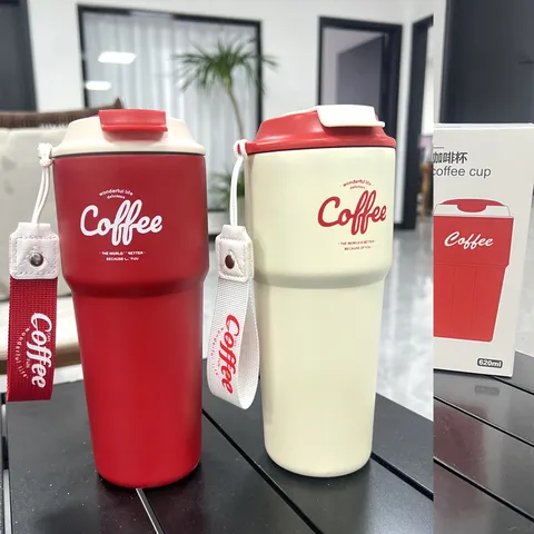 Portable Stainless Steel Insulated Coffee Mug With Lid And Carry Strap Vacuum Thermos Tumbler For Travel Office