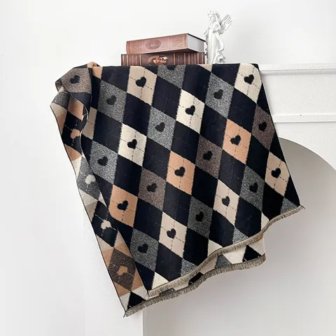 Bufanda Jacquard de Doble Cara Gruesa para Mujer Patrón de Corazón Argyle Borlas Chal de Poliéster para Invierno Cálido Pashmina
