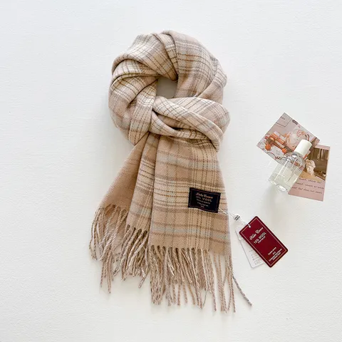Bufanda de Mezcla de Lana a Cuadros Retro para Mujer Estilo Coreano Borla Chal Largo Otoño Invierno Cálido Suave Cuello a Cuadros
