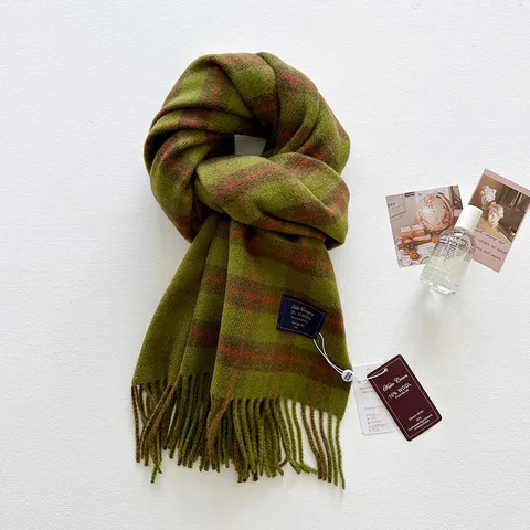 Bufanda de Mezcla de Lana a Cuadros Retro para Mujer Estilo Coreano Borla Chal Largo Otoño Invierno Cálido Suave Cuello a Cuadros