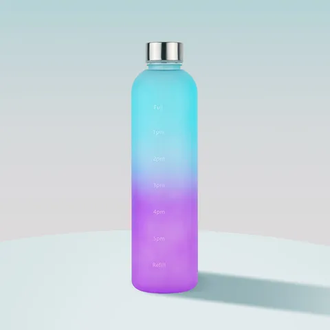 Gradient Color Plastic Sports Water Bottle Large Capacity Frosted Portable Drinkware With Time Marker For Outdoor Fitness
