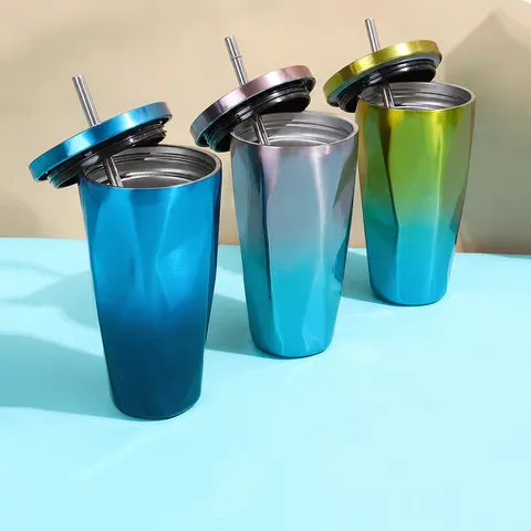 Große Kapazität Gradient Edelstahl Becher Rautenmuster Isolierte Wasserflasche Mit Strohhalm Und Deckel