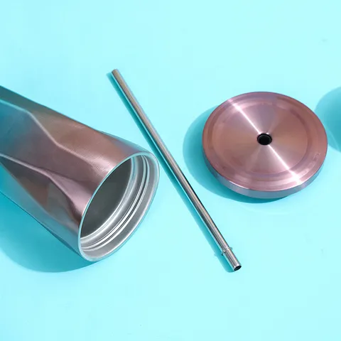 Grande Capacité Gobelet en Acier Inoxydable Dégradé Motif Diamant Bouteille d'Eau Isotherme Avec Paille et Couvercle