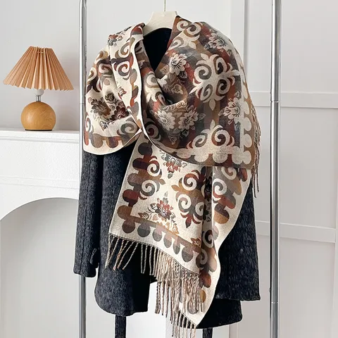 Women Vintage Printed Scarf Imitation Cashmere Shawl Winter Warm Tassel Wrap Paisley Floral Large Scarf For Autumn Accessories