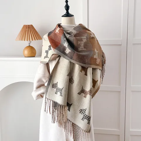 Retro Ethnic Style Women Faux Cashmere Scarf Winter Warm Large Shawl Wrap Soft Polyester Scarf With Tassels Geometric Letter Print Shawl