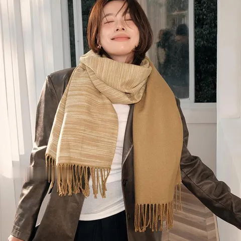 Women Winter Warm Double Sided Striped Scarf With Tassel Viscose Scarf Wrap Soft Pashmina Style Shawl For Everyday Fashion