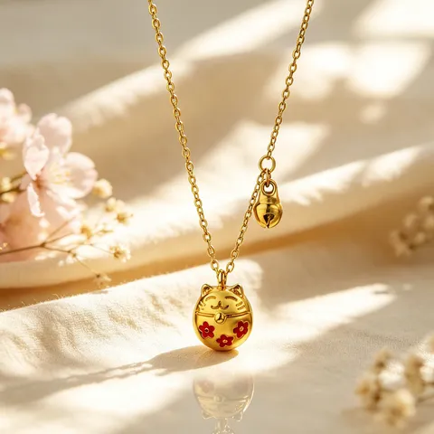 Collana Pendente Gatto della Fortuna Stile Cinese Con Fiore Rosso Smaltato Campanello Placcato Oro Acciaio al Titanio Girocollo Donna
