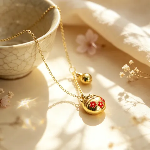 Collana Pendente Gatto della Fortuna Stile Cinese Con Fiore Rosso Smaltato Campanello Placcato Oro Acciaio al Titanio Girocollo Donna