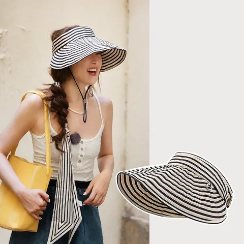 Wide Brim Striped Sun Protection Fisherman Hat Foldable Breathable UV Outdoor Visor Hat For Women Summer