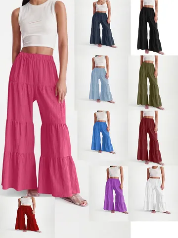 Women's Casual High Waist Pleated Loose Wide Leg Pants Solid Color Elastic Waist Long Trousers