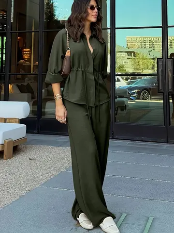 Women Long Sleeve Shirt And Wide Leg Pants Top And Bottom Elegant Solid Color Casual Office Commute Stylish Apparel