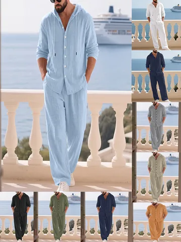 Men's Casual Linen Blend Hooded Long Sleeve Hoodie And Pants Set Solid Color Loose Vacation Tracksuit Top And Bottom