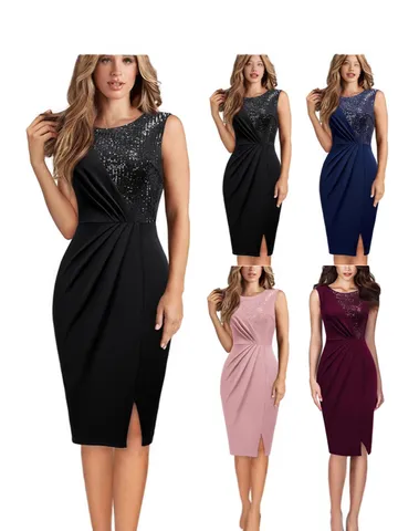 Womens Elegant Sleeveless Sequin Patchwork Bodycon Split Party Evening Dress Slim Fit Long Club Dress For Women
