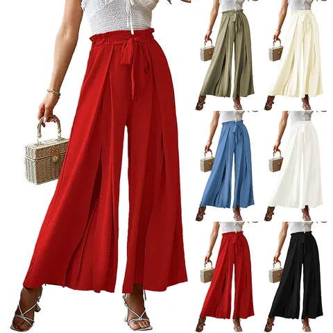 Women's Casual High Waist Wide Leg Pants Elegant Bow Tie Pleated Solid Color Long Trousers Spring Summer Fashion Streetwear Bottoms