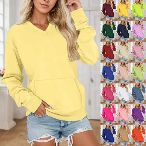 Women's Casual V-Neck Long Sleeve Solid Color Pullover Sweatshirt Loose Fit Pocket Fall Winter Fashion Top