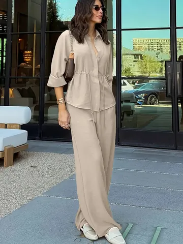 Women Long Sleeve Shirt And Wide Leg Pants Top And Bottom Elegant Solid Color Casual Office Commute Stylish Apparel
