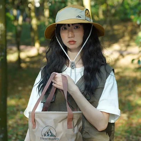 Japanese Vintage Color Block Bucket Hat For Women Embroidered Mountain Outdoor Sun Protection Extended Brim Camping Fishing Windproof Adjustable Nylon Hat