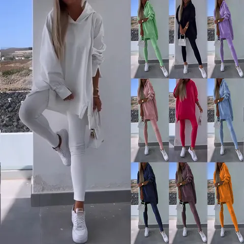 Women's Casual Split Hooded Sweatshirt And Leggings Two Piece Set Long Sleeve Pullover Tops Activewear Tracksuit