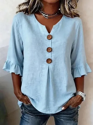 Women's Plus Size Casual V-Neck Blouse Solid Color Single-Breasted Flare Sleeve Loose Fit Shirt Top