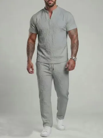 Men's Summer Casual Sportswear Two Piece Set V Neck Short Sleeve Top And Long Pants Loose Solid Color Tracksuit