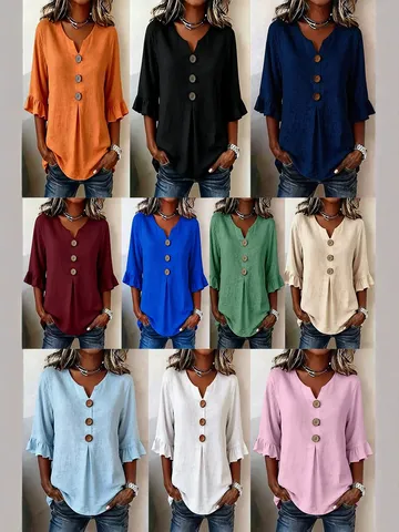 Women's Plus Size Casual V-Neck Blouse Solid Color Single-Breasted Flare Sleeve Loose Fit Shirt Top