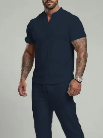 Men's Summer Casual Sportswear Two Piece Set V Neck Short Sleeve Top And Long Pants Loose Solid Color Tracksuit