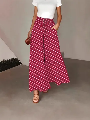 Pantalon Long Ample Taille Haute Décontracté pour Femme Imprimé Pois Lacets Bas Mode Printemps Été