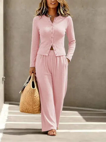 Women's Casual Knit Cardigan And Long Pants Two Piece Set Long Sleeve Solid Color Outfits