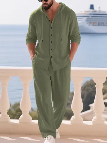 Men's Casual Linen Blend Hooded Long Sleeve Hoodie And Pants Set Solid Color Loose Vacation Tracksuit Top And Bottom